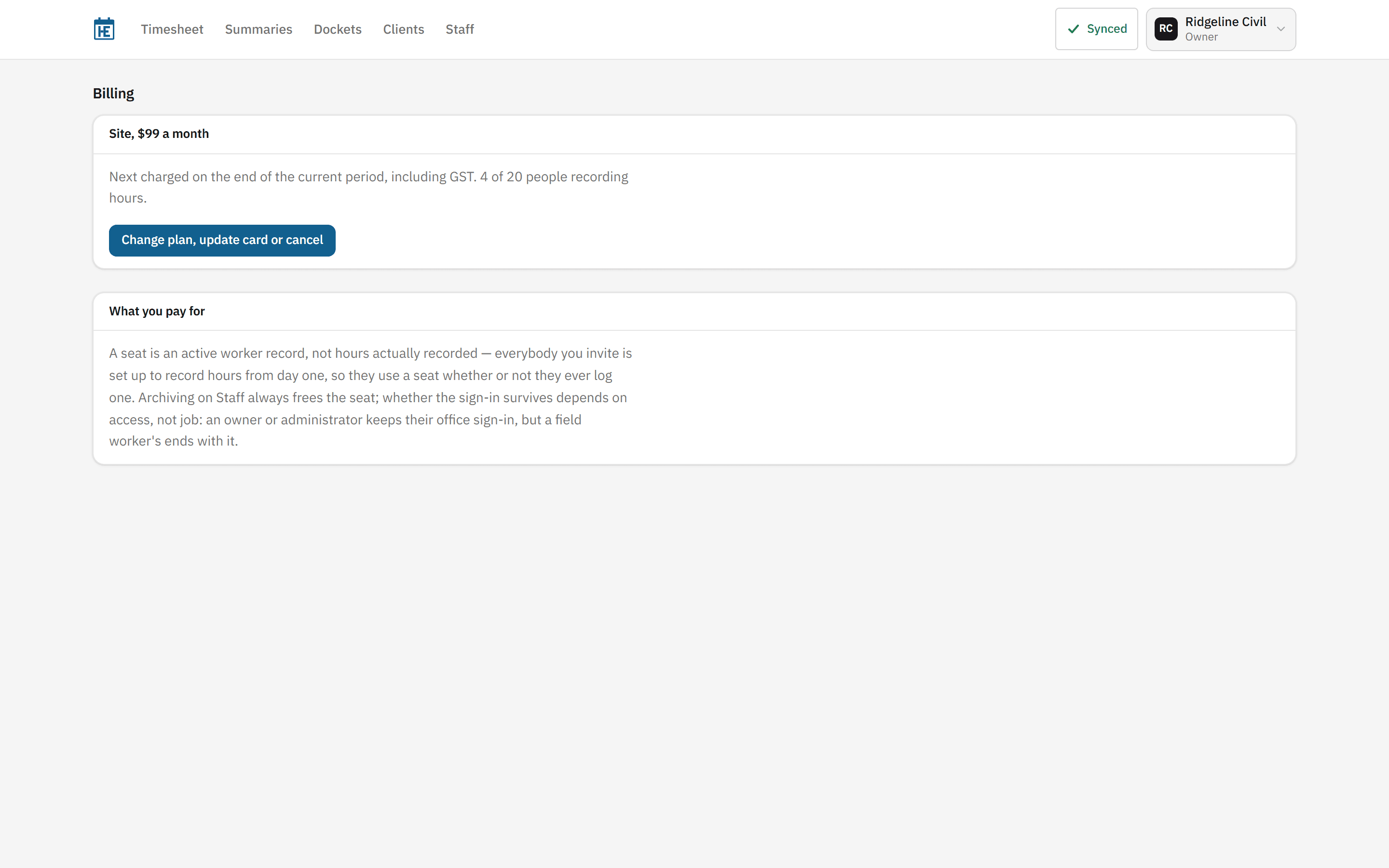 The Billing page: a Site plan card at $99 a month, noting it is next charged at the end of the current period including GST with 4 of 20 people recording hours, a button to change plan, update card or cancel, and a panel below explaining what counts as a seat.