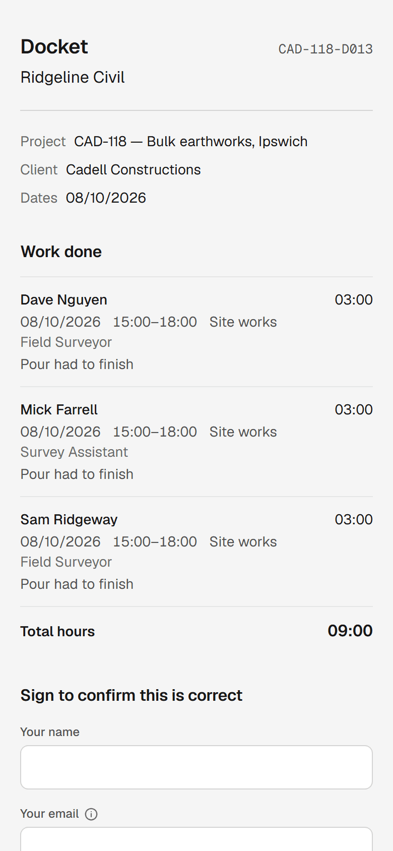 A docket on a phone: three people, their hours and roles for one day, a total, and a place to sign. No prices anywhere.