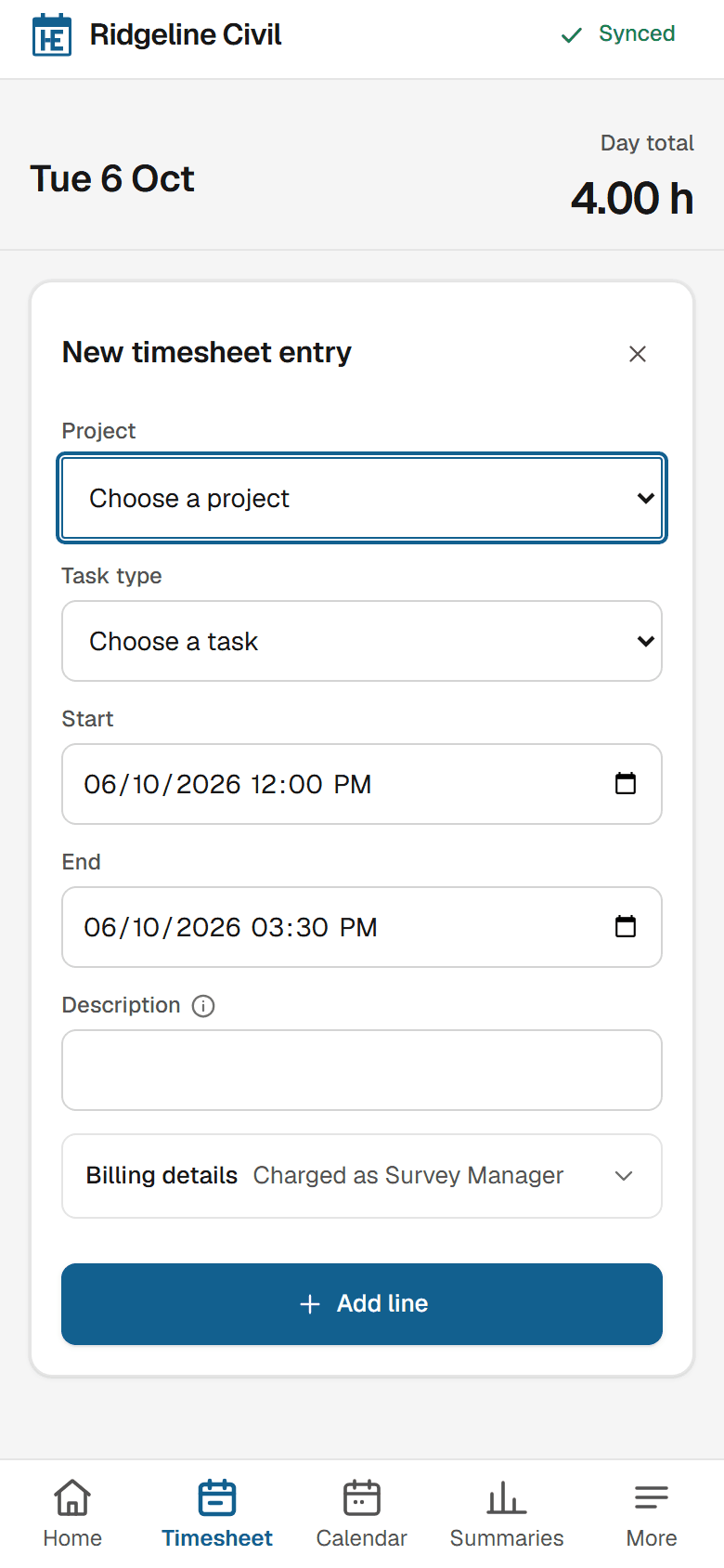 The form for a new timesheet entry on a phone: project, task type, a start and end already filled in, a description, billing details and a blue Add line button.