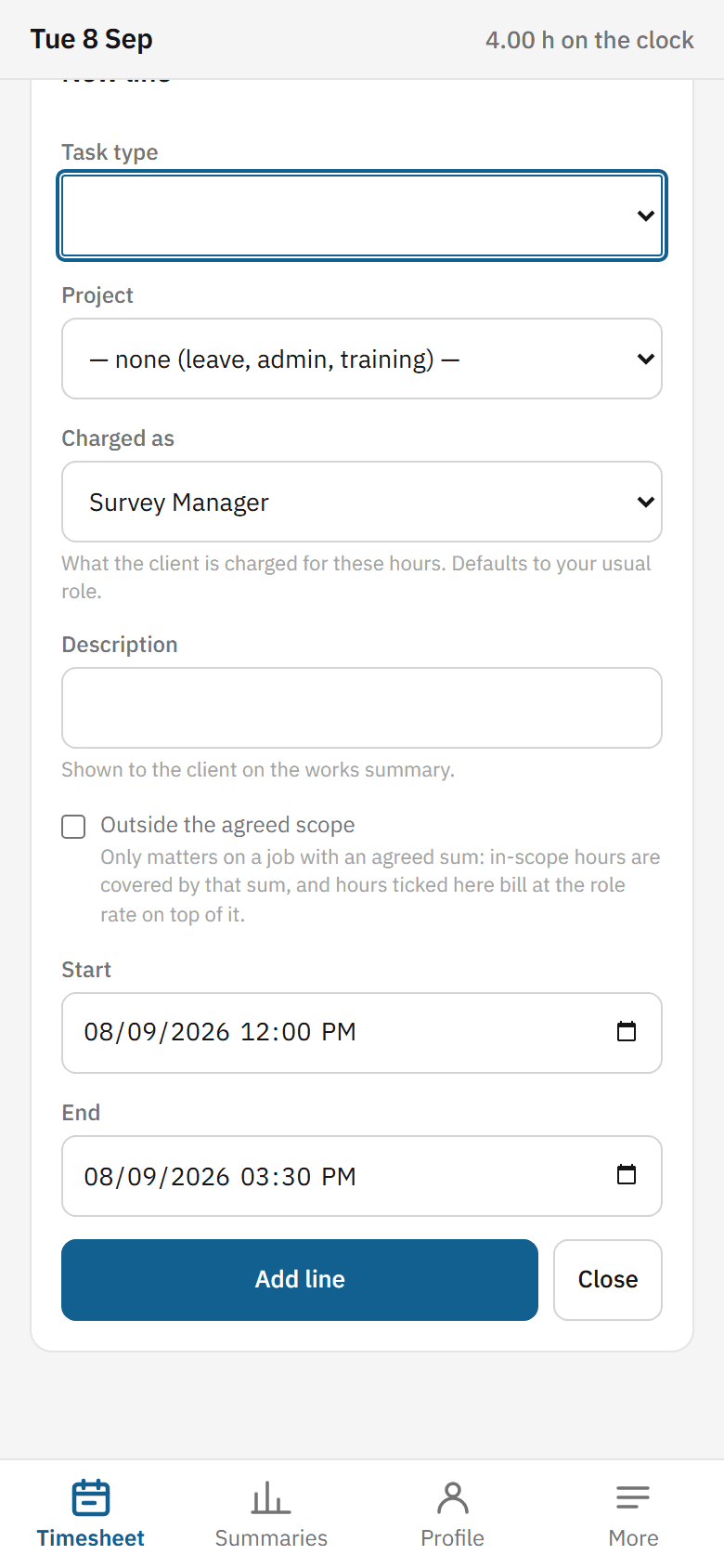 The form for adding an entry on a phone: task type left blank, project defaulted to none, a charged-as role, description, and start and end time already set, with buttons to add the line or close the form.