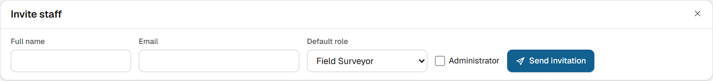 Inviting staff: their name, email and default role, whether they are an administrator, and a Send invitation button.