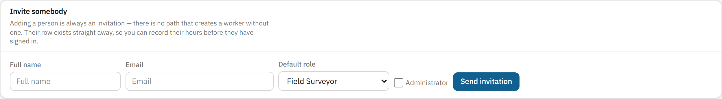Inviting somebody to the team: their name, email and default role, and whether they are an administrator.