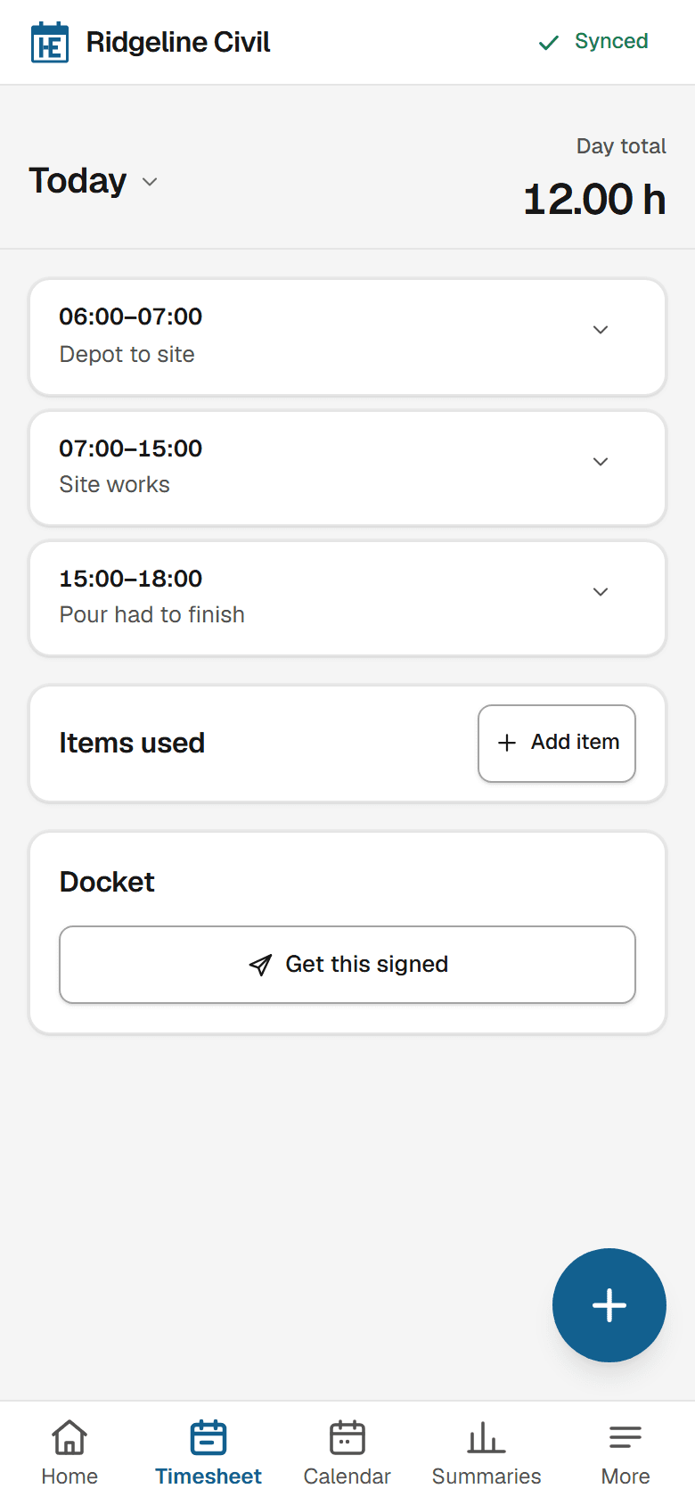 A worker’s day on a phone: twelve hours across three lines — depot to site, site works and a pour that had to finish — with items used and a button to get the day signed.