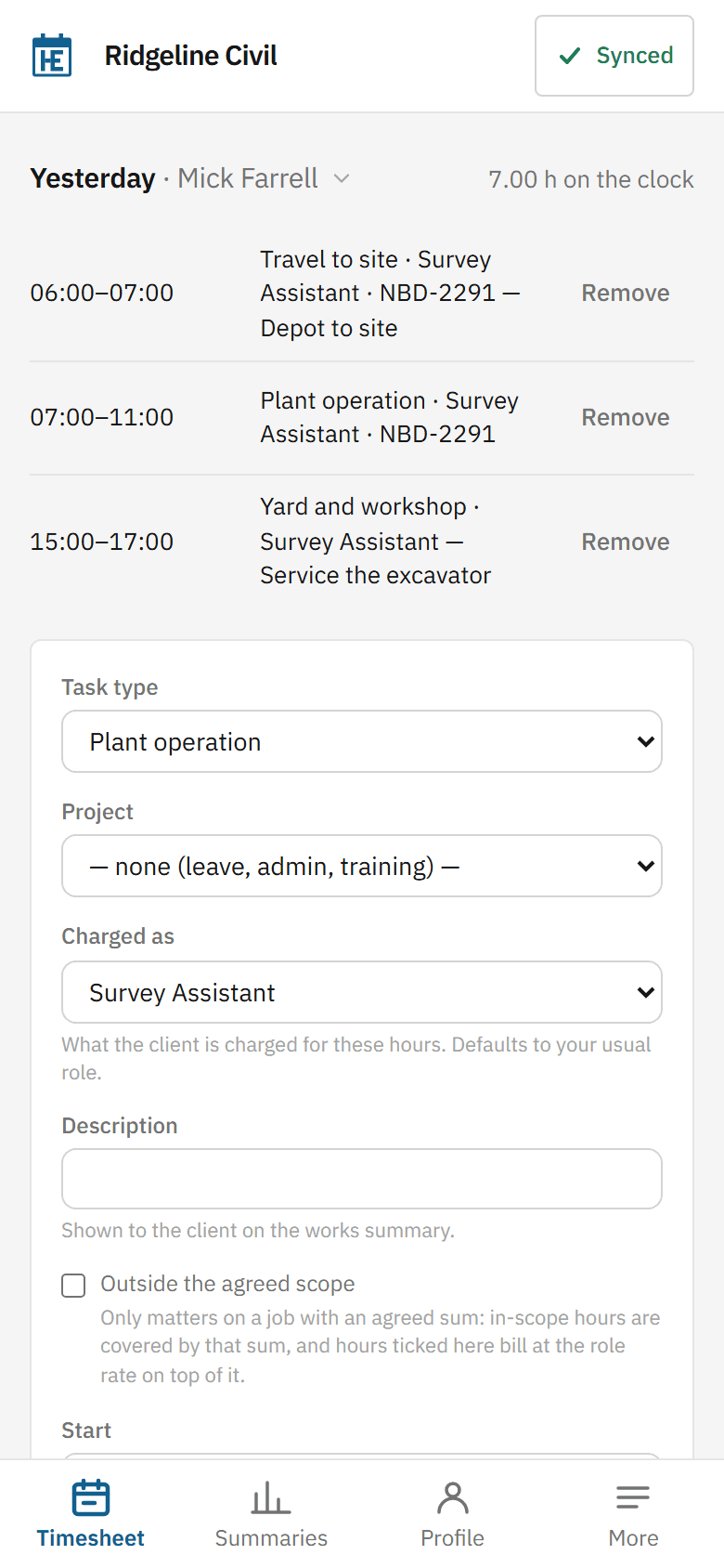 A day on a phone: three entries totalling seven hours — two against the same project, plus a yard and workshop entry with no project — and the form for adding another below.
