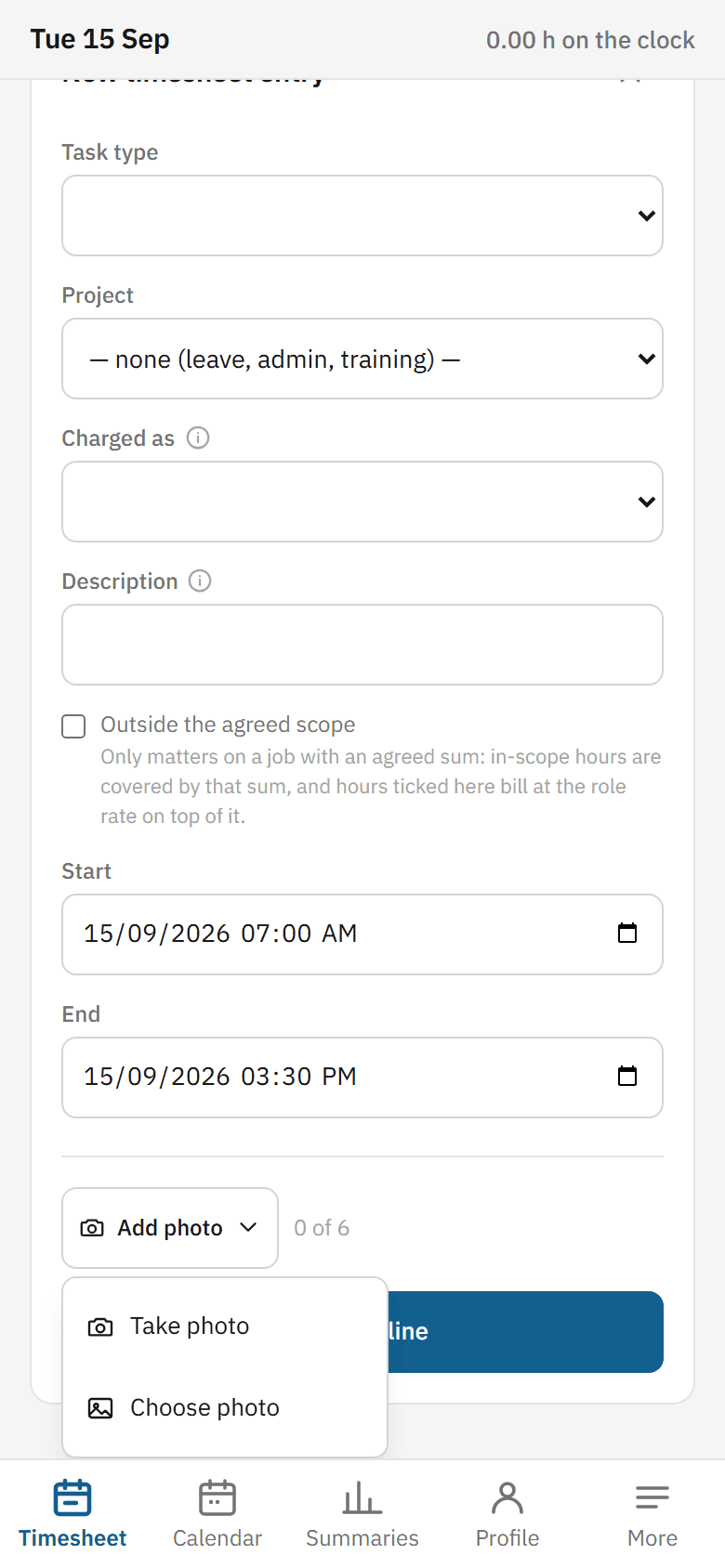 Adding a photo to a timesheet line on a phone: an Add photo button at the foot of the entry form with its panel open, offering Take photo and Choose photo, and a counter beside the button reading none of six.